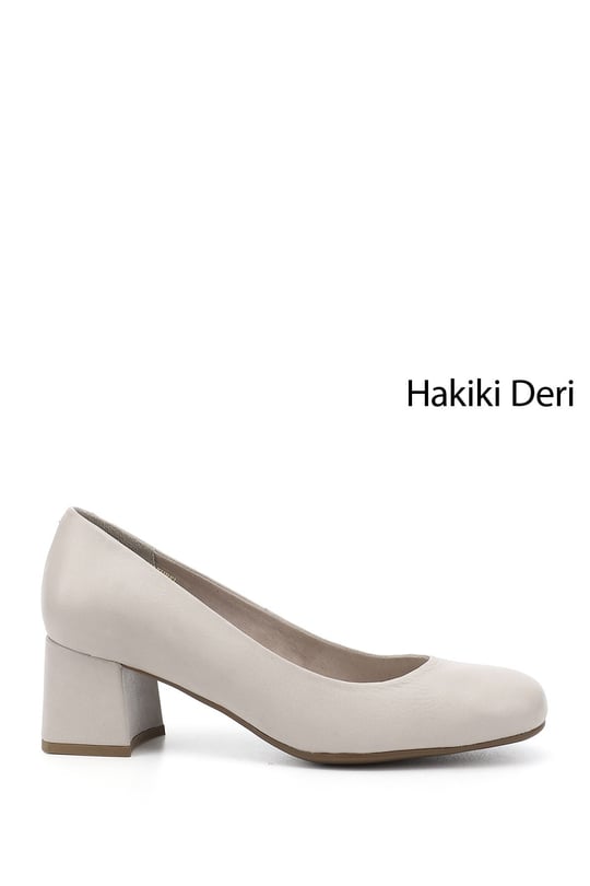 Kadın Bej Antik Küt Burun Orta Kalın Topuklu Hakiki Deri Ayakkabı