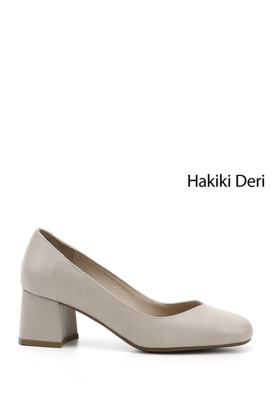 Kadın Bej Antik Küt Burun Orta Kalın Topuklu Hakiki Deri Ayakkabı