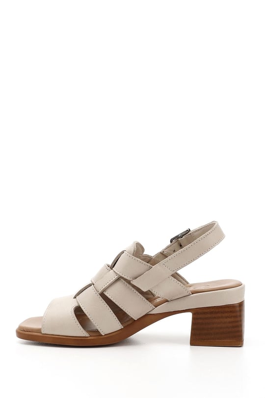 Women's Beige Antique Knitted Strappy Thick Heel Genuine Leather Sandals