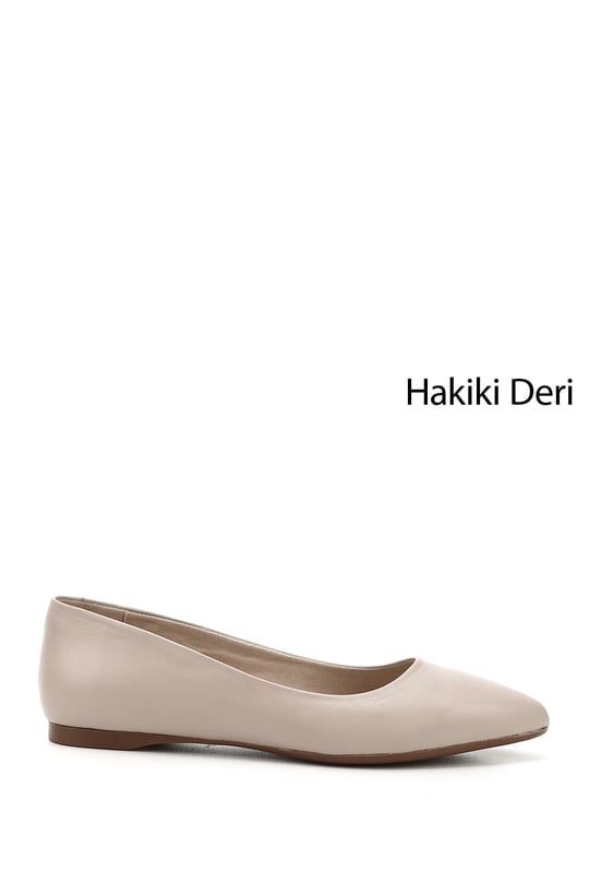 Kadın Bej Antik Sivri Burun Düz Taban Hakiki Deri Babet