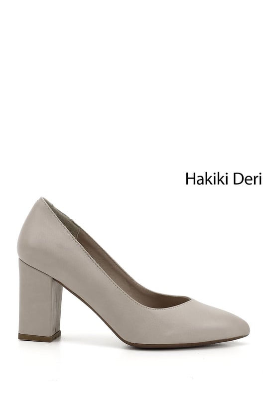 Women's Beige Antique Pointed Toe High Thick Heel Genuine Leather Shoes