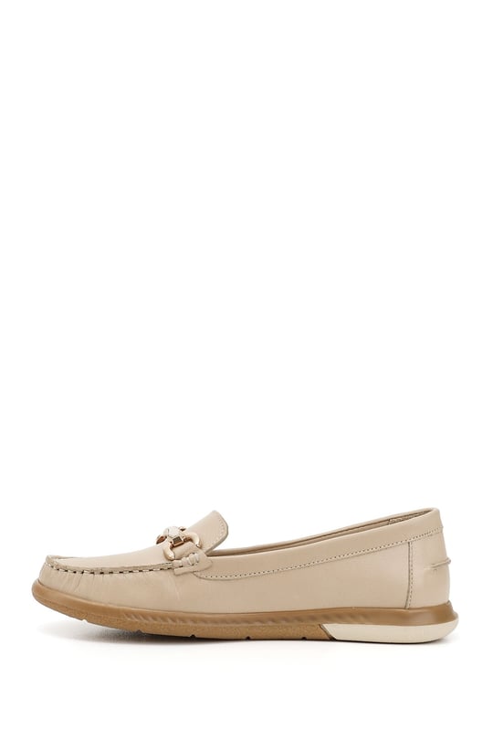 Kadın Bej Antik Tokalı Rok Hakiki Deri Comfort Loafer