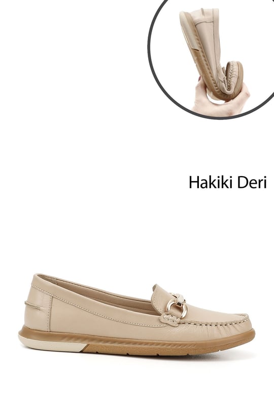 Kadın Bej Antik Tokalı Rok Hakiki Deri Comfort Loafer
