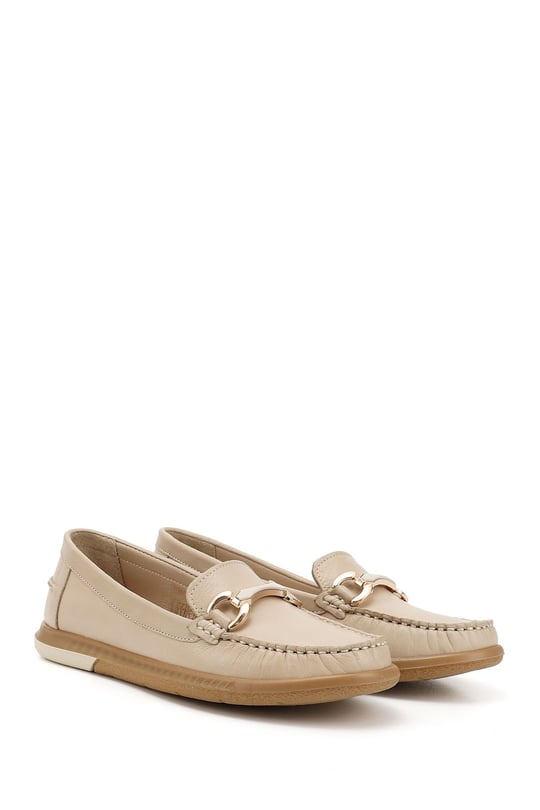 Kadın Bej Antik Tokalı Rok Hakiki Deri Comfort Loafer