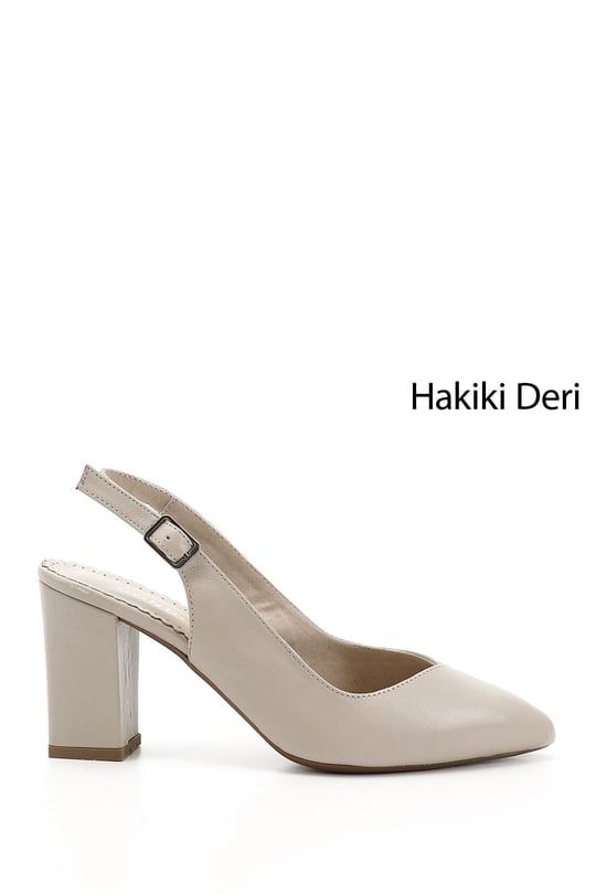Kadın Bej Antik Yüksek Kalın Topuklu Arkası Açık Hakiki Deri Ayakkabı