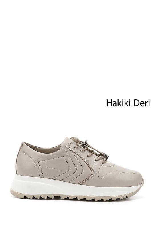 Kadın Bej Bağcıklı Dolgu Taban Hakiki Deri Sneaker