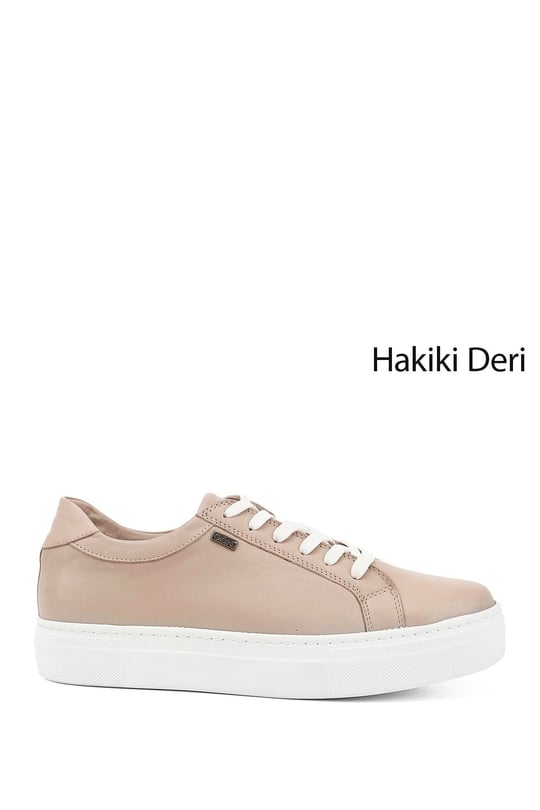 Kadın Bej Bağcıklı Dolgu Taban Hakiki Deri Sneaker