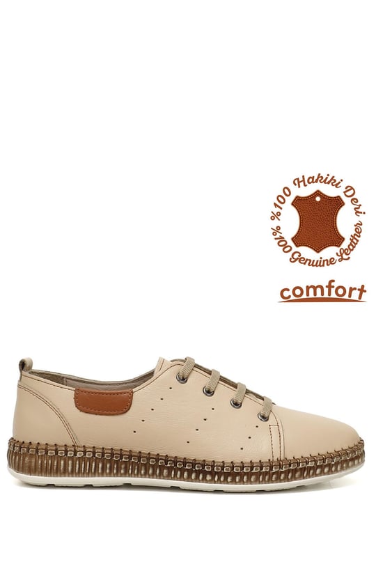 Kadın Bej Bağcıklı Hakiki Deri Comfort Ayakkabı