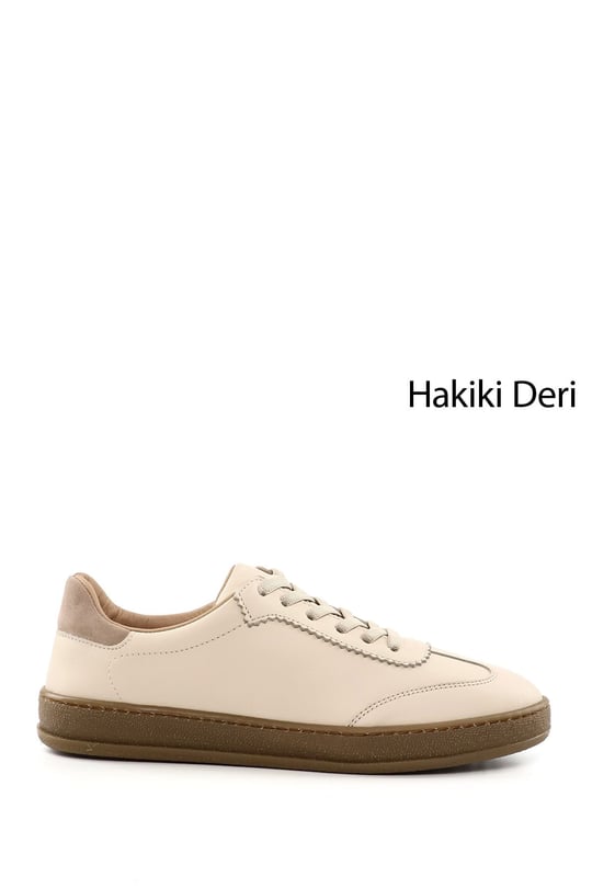 Kadın Bej Bağcıklı Hakiki Deri Sneaker