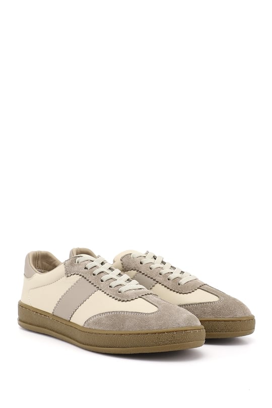 Kadın Bej Bağcıklı Hakiki Deri Sneaker