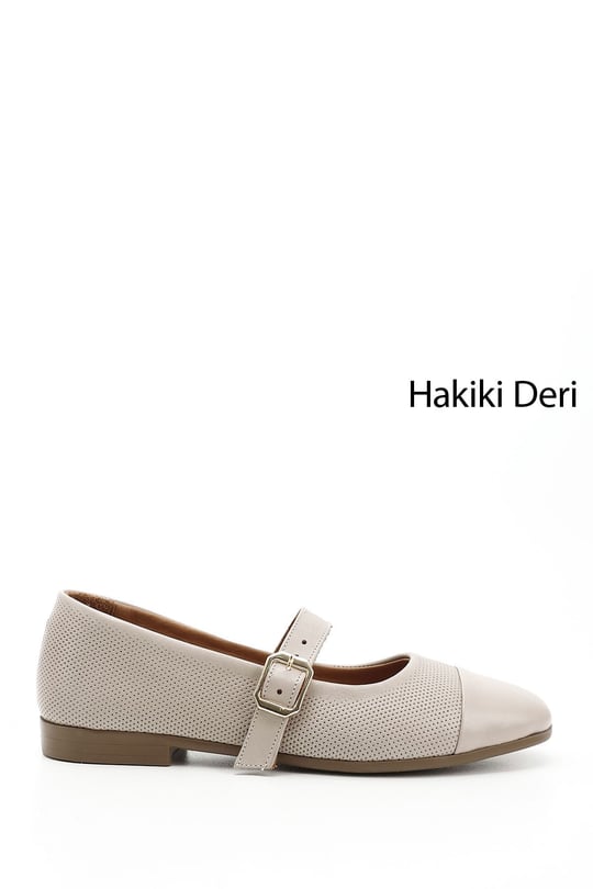 Kadın Bej Baskılı Mary Jane Hakiki Deri Babet