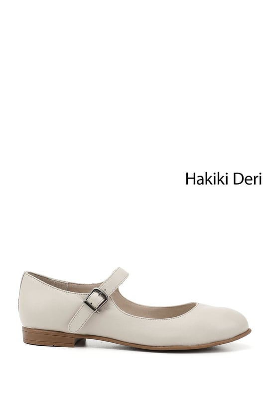 Kadın Bej Bilek Bağlı Mary Jane Hakiki Deri Babet