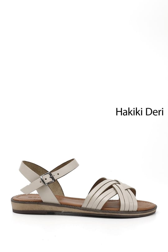 Kadın Bej Çapraz Bantlı Hakiki Deri Sandalet