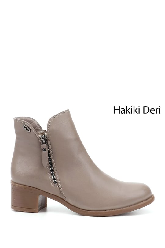 Kadın Bej Çift Fermuarlı Kalın Topuklu Hakiki Deri Bot