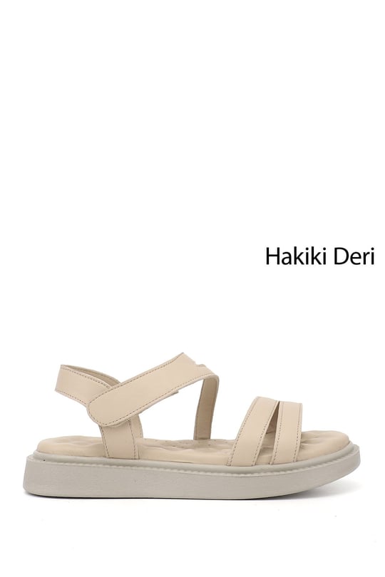 Kadın Bej Cırt Bantlı Dolgu Taban Hakiki Deri Comfort Sandalet