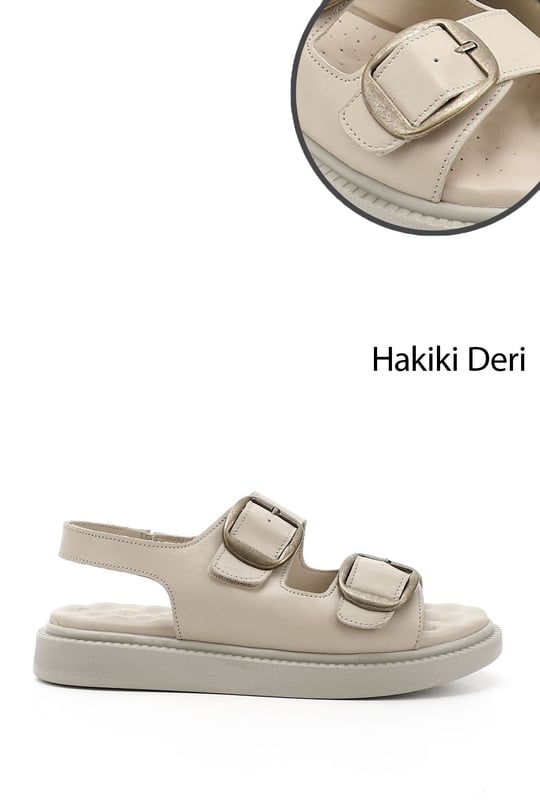 Kadın Bej Cırtlı Tokalı Dolgu Taban Hakiki Deri Comfort Sandalet