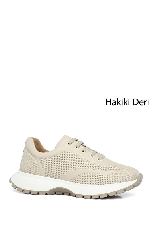 Women's Beige Lace-Up Wedge Sole Genuine Leather Sneakers