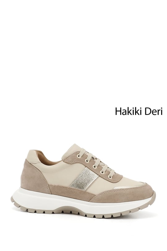 Kadın Bej Dolgu Taban Lastik Bağcıklı Hakiki Deri Sneaker