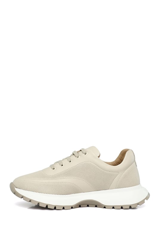 Women's Beige Lace-Up Wedge Sole Genuine Leather Sneakers