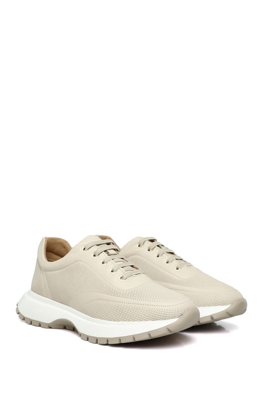 Women's Beige Lace-Up Wedge Sole Genuine Leather Sneakers