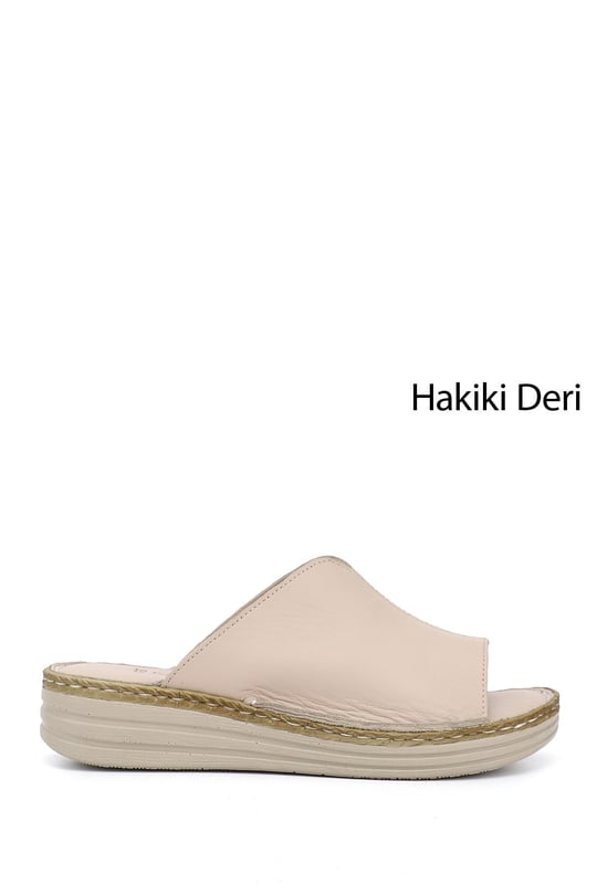 Kadın Bej Dolgu Topuk Hakiki Deri Comfort Terlik