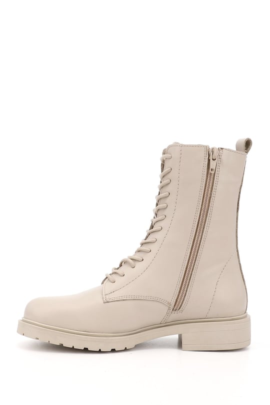 Women's Beige Zippered Genuine Leather Combat Boots