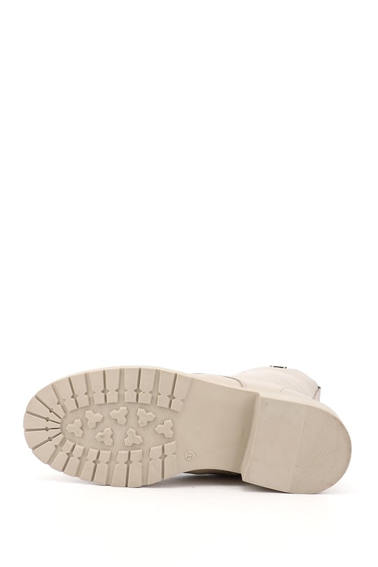 Women's Beige Zippered Genuine Leather Combat Boots