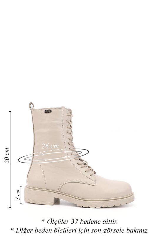 Women's Beige Zippered Genuine Leather Combat Boots