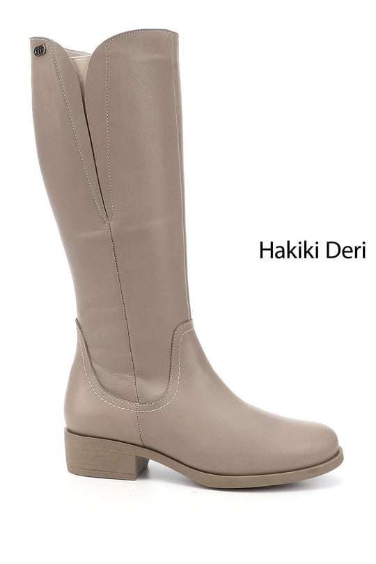 Women's Beige Zippered Thick Heel Genuine Leather Boots