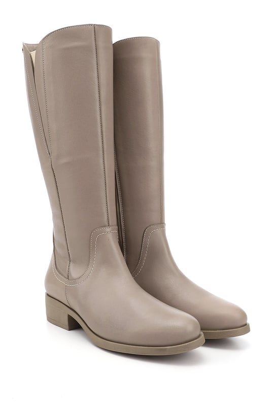 Women's Beige Zippered Thick Heel Genuine Leather Boots