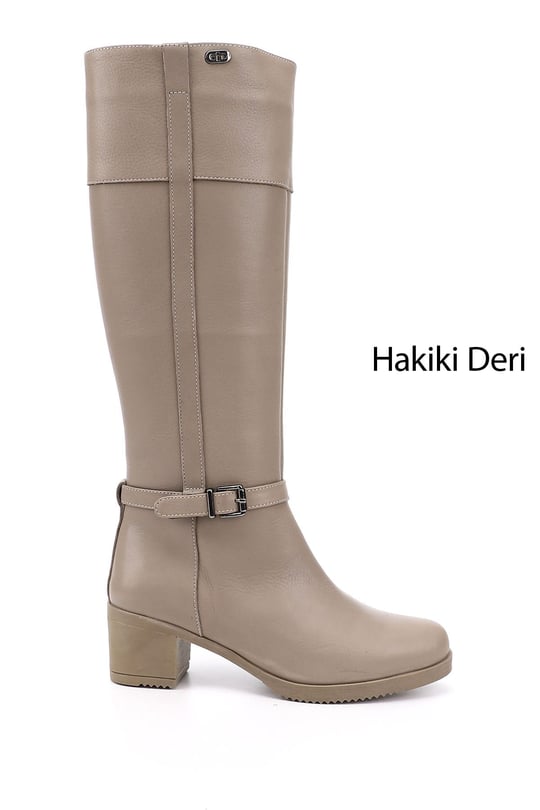 Kadın Bej Fermuarlı Kalın Topuklu Hakiki Deri Çizme