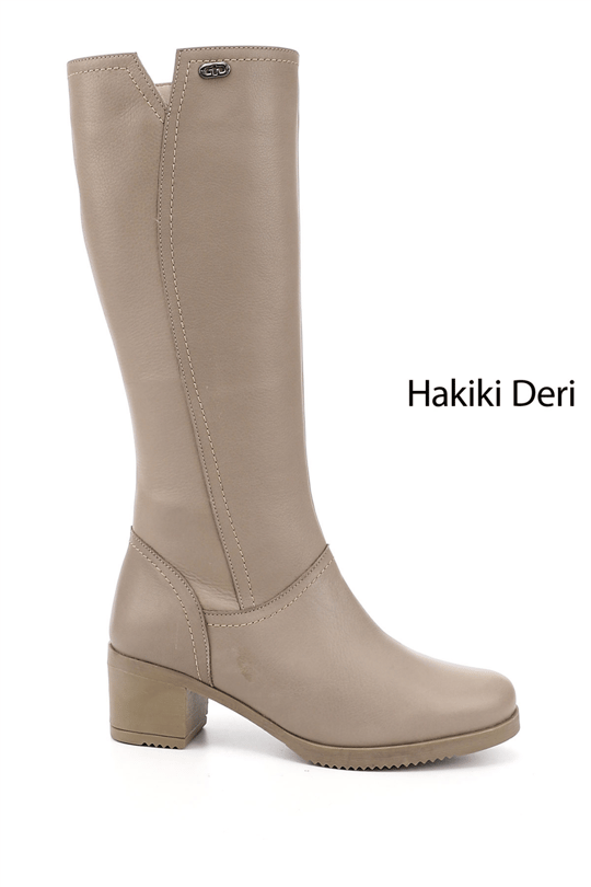 Kadın Bej Fermuarlı Kalın Topuklu Hakiki Deri Çizme