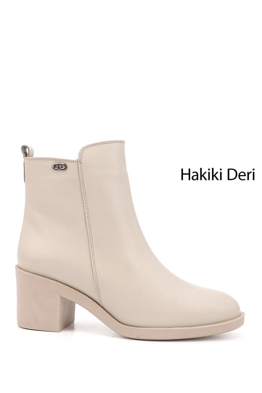 Kadın Bej Fermuarlı Kalın Topuklu Hakiki Deri Bot