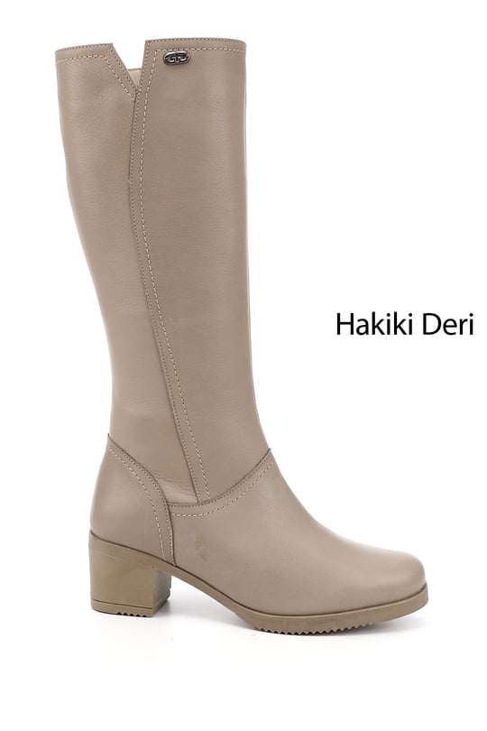 Kadın Bej Fermuarlı Kalın Topuklu Hakiki Deri Çizme