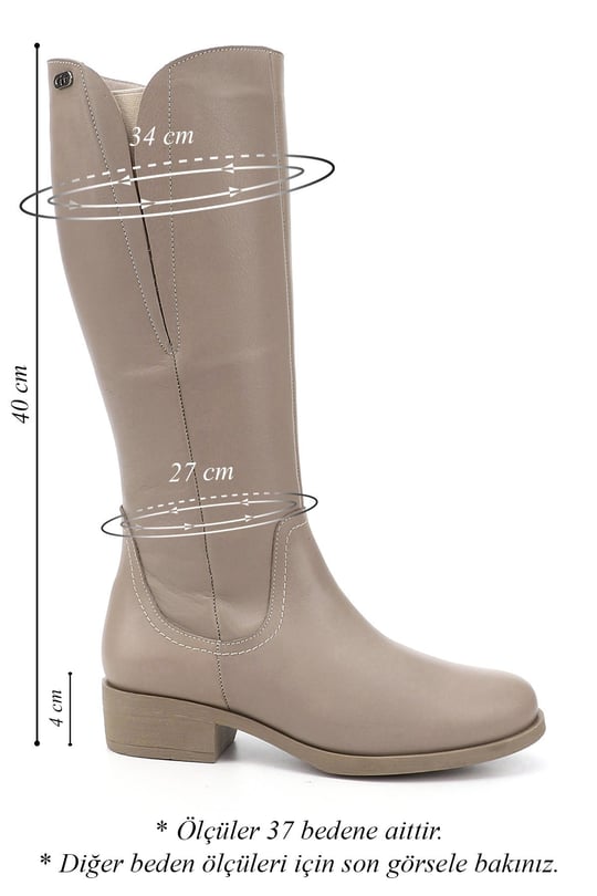 Women's Beige Zippered Thick Heel Genuine Leather Boots