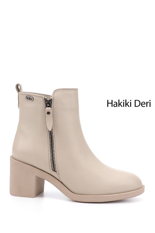 Kadın Bej Fermuarlı Kalın Topuklu Hakiki Deri Bot