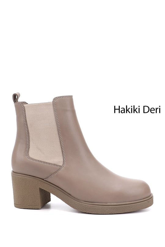 Women's Beige Zippered Chunky Heel Genuine Leather Chelsea Boots