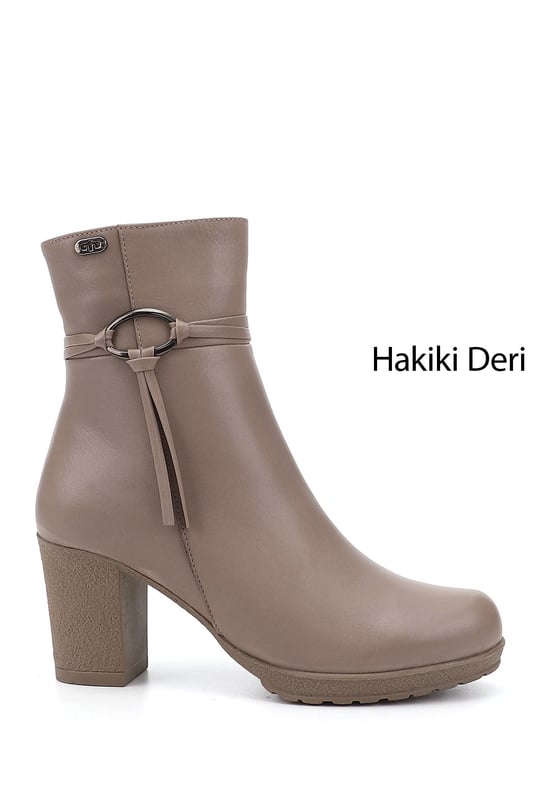 Kadın Bej Fermuarlı Kalın Topuklu Hakiki Deri Bot