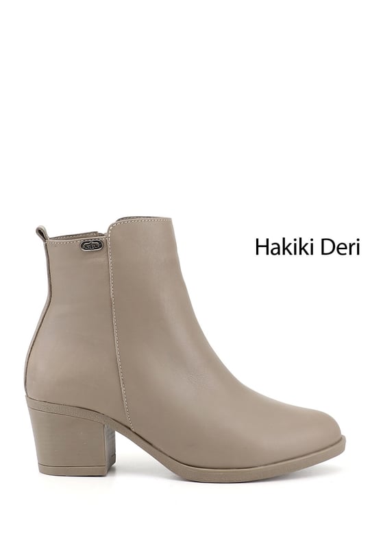 Kadın Bej Fermuarlı Kalın Topuklu Hakiki Deri Bot