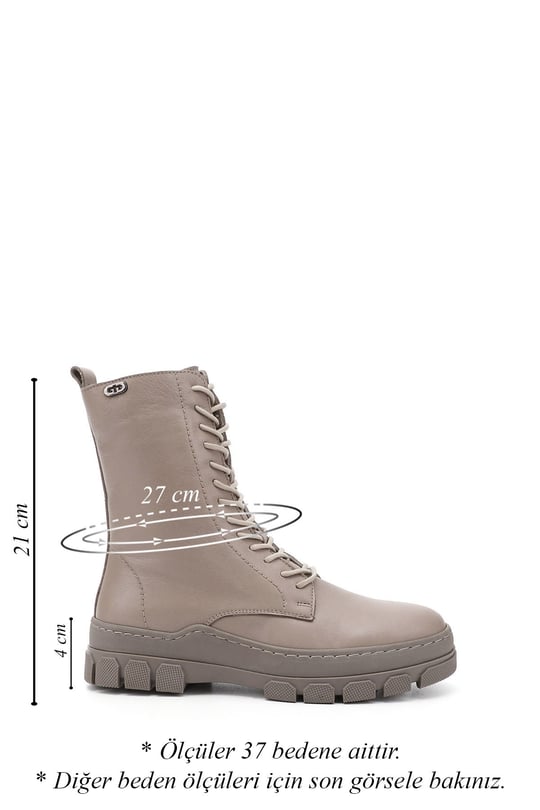 Women's Beige Zippered Rubber Sole Genuine Leather Combat Boots