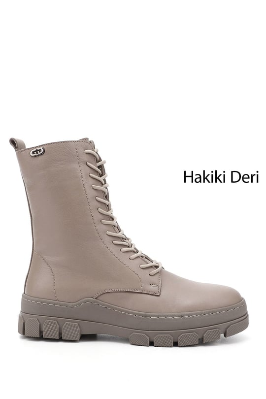 Women's Beige Zippered Rubber Sole Genuine Leather Combat Boots