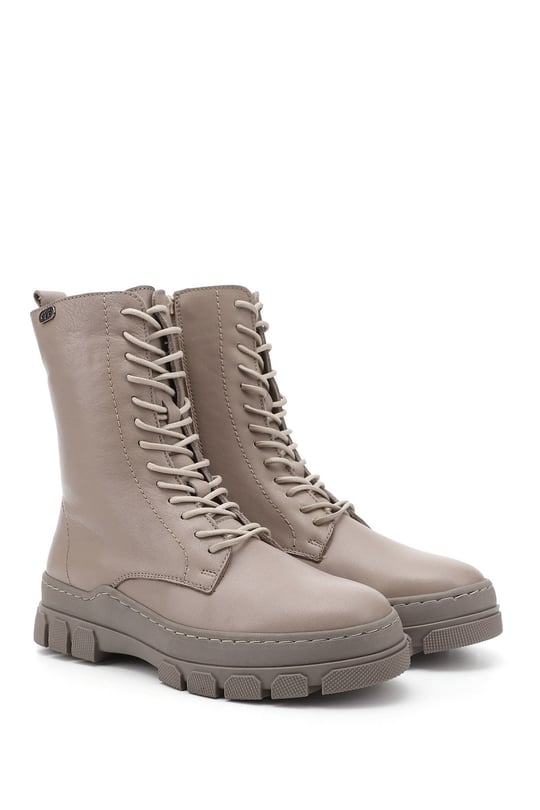 Women's Beige Zippered Rubber Sole Genuine Leather Combat Boots