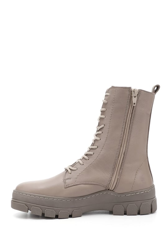 Women's Beige Zippered Rubber Sole Genuine Leather Combat Boots