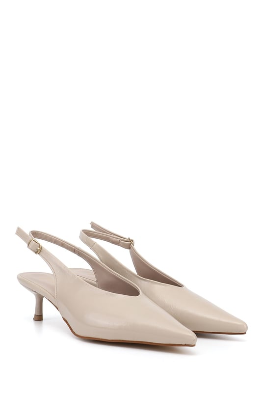 Women's Beige İnce Heeled Open Back Shoes