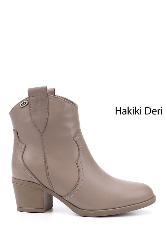 Kadın Bej Kalın Topuklu Hakiki Deri Kovboy Bot