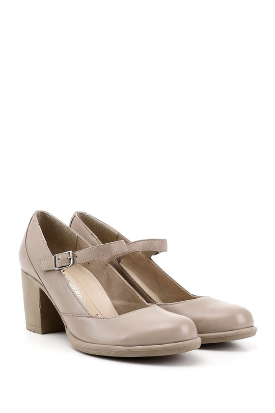 Women's Beige Thick Heel Mary Jane Genuine Leather Shoes
