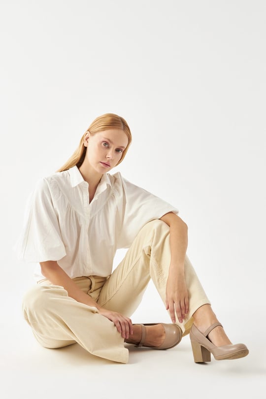 Women's Beige Thick Heel Mary Jane Genuine Leather Shoes