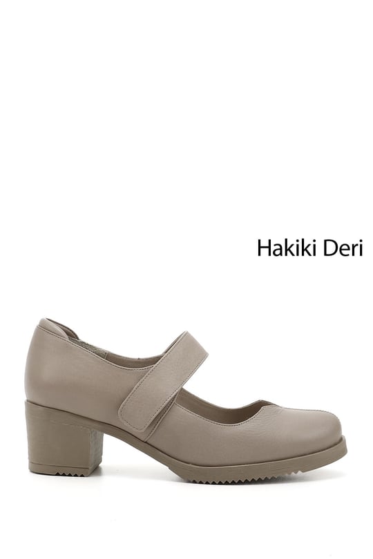 Kadın Bej Kalın Topuklu Mary Jane Hakiki Deri Ayakkabı