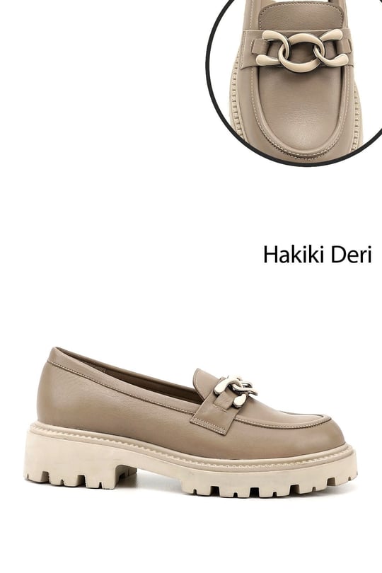 Kadın Bej Kalın Topuklu Tokalı Hakiki Deri Loafer Ayakkabı