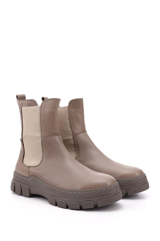 Women's Beige Rubber Sole Genuine Leather Chelsea Boots